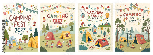 Colorful camping festival illustrations featuring tents, nature, and festive elements for 2027.