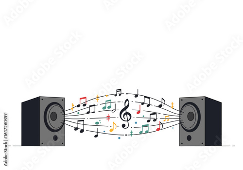Speakers with Colorful Musical Notes and Treble Clef Illustration