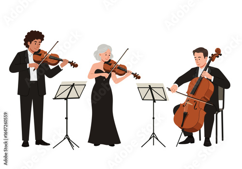 String Trio Performing: Violinists and Cellist in Formal Attire