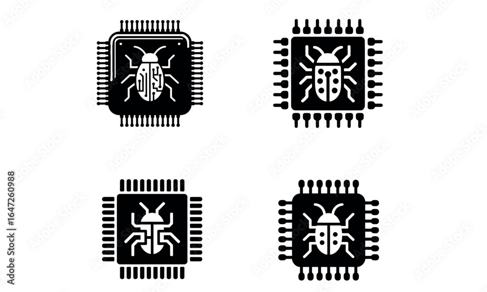Fototapeta premium Computer bug icon vector illustration with microchip and virus symbol 
