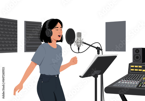 Female Vocalist Recording in Professional Studio with Microphone and Headphones