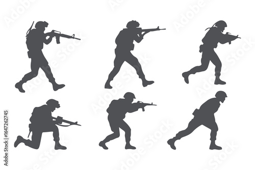 Military Soldier Silhouette Collection. Vector Set of Tactical Army and Special Forces Poses with Guns, Vector Illustration
