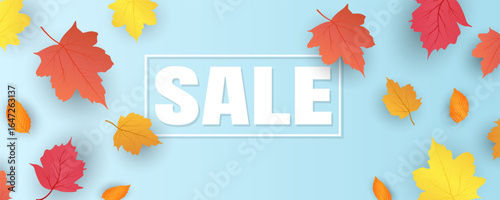 Autumn sale banner template. Vector illustration with falling colorful leaves and frame. Bright autumn banner for seasonal discount offer, advertisement, poster, flyer and design.