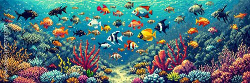 Photography A vibrant pixel art underwater scene teems with a diverse array of colorful fish swimming among detailed coral reefs and marine plants on the ocean floor