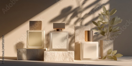 Flaconi di profumo di lusso disposti con elementi naturali e ombreggiature.