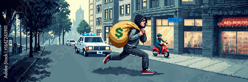 Foto A dynamic pixel art street scene captures a masked thief sprinting with a money bag, a police car in pursuit, and a person on a scooter nearby