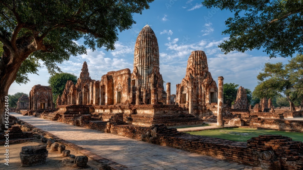 Fototapeta premium Ancient Ayutthaya ruins and temple complex under a picturesque sky, Thailand