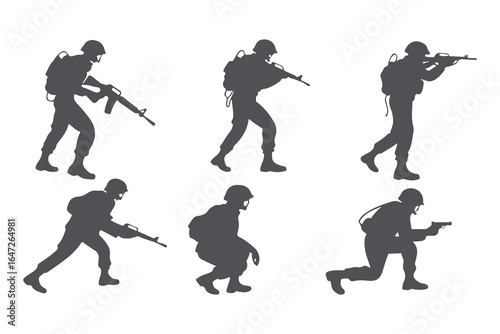 Military Soldier Silhouette Collection. Vector Set of Tactical Army and Special Forces Poses with Guns, Vector Illustration