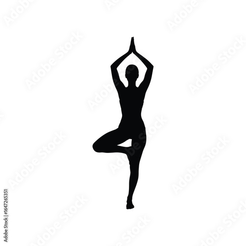 Silhouette of a person in a yoga tree pose against a white background