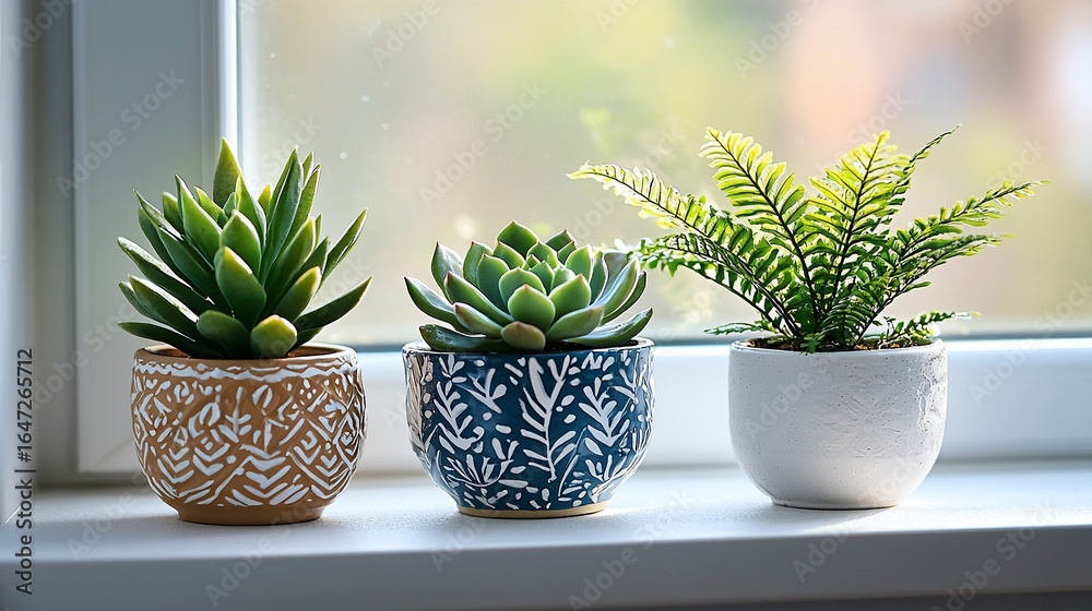 Obraz premium Three potted plants on a windowsill (1)