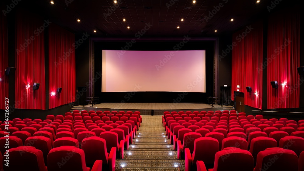 Fototapeta premium Empty cinema auditorium with red seats and large screen ready for a movie viewing