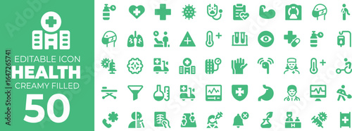 Health and medical filled icon set. Minimal filled icons featuring doctor, consultation, exam, diagnosis, hospital, care, stethoscope, pharmacy, treatment, blood pressure, check-ups, and more.