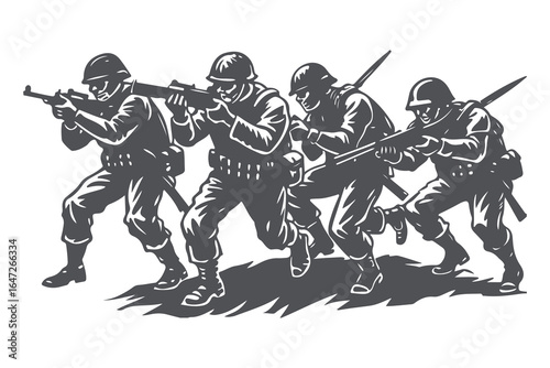 Military Platoon in Combat Formation — Vintage Vector Illustration of Army Soldiers with Rifles