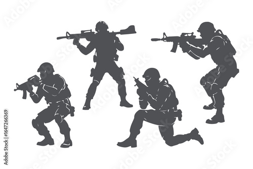 Military Soldier Silhouette Collection. Vector Set of Tactical Army and Special Forces Poses with Guns, Vector Illustration