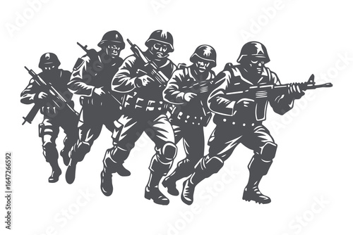 Military Platoon in Combat Formation — Vintage Vector Illustration of Army Soldiers with Rifles