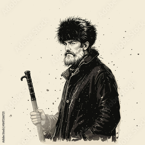 Bearded man in fur hat holding a staff, serious pose, detailed illustration, black and white