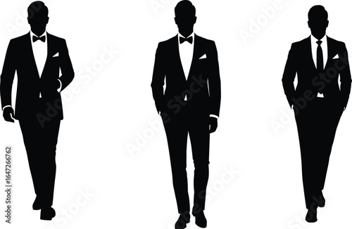 Handsome groom silhouettes walking confidently in tuxedos and suits, formal wedding fashion, black and white, bow tie, pocket square, stylish men