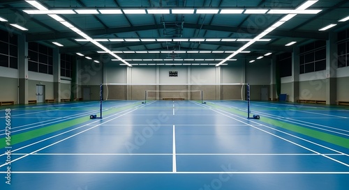 An empty, well-lit indoor sports hall with multiple blue badminton courts and nets ready for a game.