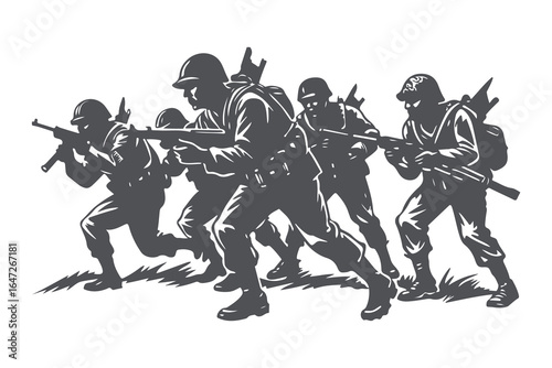 Military Platoon in Combat Formation — Vintage Vector Illustration of Army Soldiers with Rifles