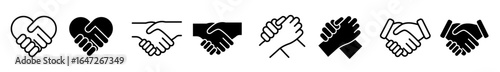 Handshake icon set. Business agreement handshake symbol. Friendly, partnership deal handshake line and silhouette sign. Transparent png and vector illustration.