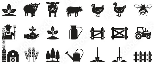 Farm life icons celebrating agriculture and rural lifestyle for branding, design, or infographics, simple black drawings