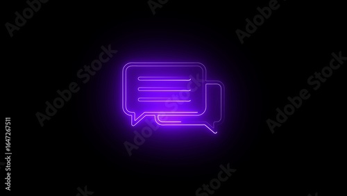 Bright purple neon chat bubbles icon on black background message communication