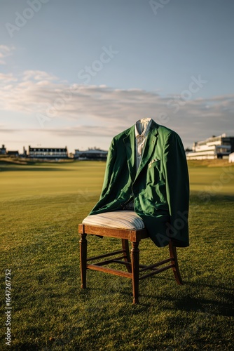 Augusta Green Jacket on Chair at Golf Course, Sunny Day