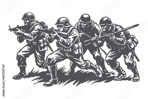 Military Platoon in Combat Formation — Vintage Vector Illustration of Army Soldiers with Rifles