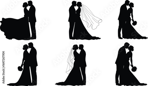 Romantic wedding couple silhouettes, bride and groom in elegant poses, bridal veil, bouquet, love, kiss, wedding day celebration, marriage, romance, wedding dress
