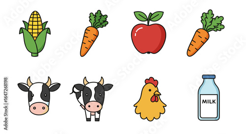 Illustration of farm animals and produce on a white background