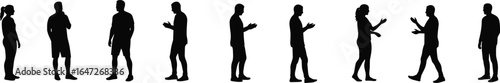 Silhouettes of people talking, arguing, thinking, walking, standing, communication gesture pose, casual clothing, male and female vector illustration