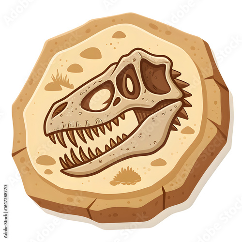 Cartoon dinosaur skull fossil embedded in rock for educational purposes