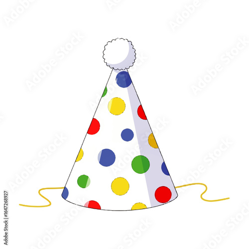 Colorful polka dot party hat with a pom-pom, isolated on a white background for birthday and celebration concepts.