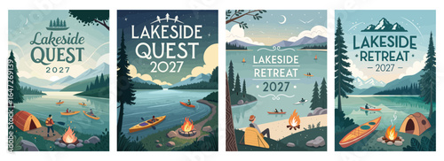 Artistic illustrations for a lakeside adventure-themed event, featuring serene nature scenes.