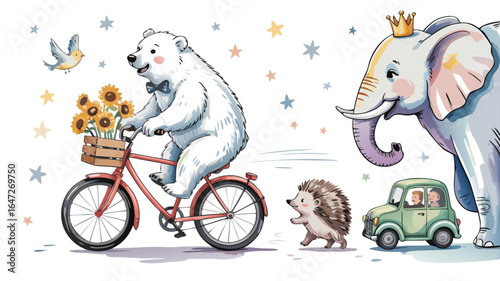 Cartoon Polar Bear on Bicycle, Elephant with Crown, Hedgehog, Car, Yellow Bird, and Stars