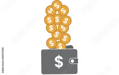 Illustration vector file of golden dollar coins falling smoothly into a brown digital wallet with a transparent background, online earning concept, income, digital payments, and financial image