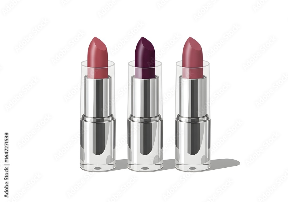Obraz premium Three lipsticks in different shades on a white background
