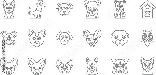 Collection of handdrawn dog breed icons, showcasing various cute and expressive canine faces, perfect for petthemed designs and illustrations