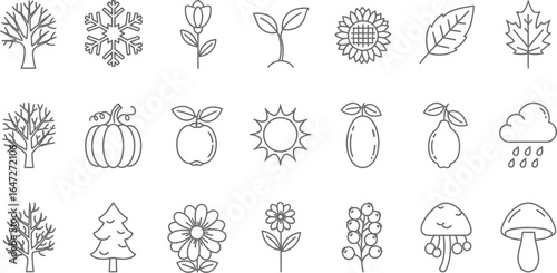 Collection of handdrawn seasonal icons featuring trees, flowers, fruits, and weather elements, perfect for naturethemed designs and illustrations