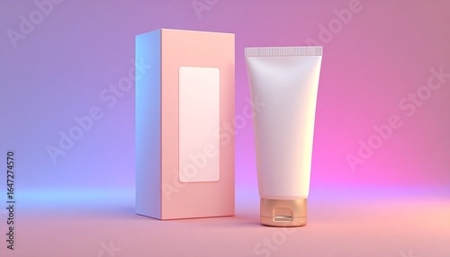 Wallpaper Mural Tubo di crema cosmetica bianca e scatola su sfondo sfumato rosa e viola con illuminazione morbida. Torontodigital.ca