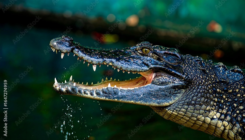 Obraz premium Open-mouthed crocodile with visible teeth and water droplets in a dark green environment