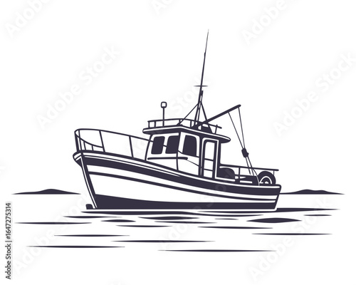 Minimalist Black Silhouette of a Medium-Sized Fishing Boat on Calm Water