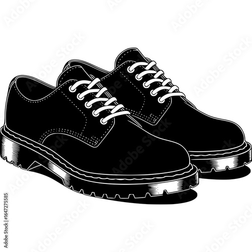 Stylish Footwear: A detailed, monochrome illustration showcases a pair of classic black shoes with bold design