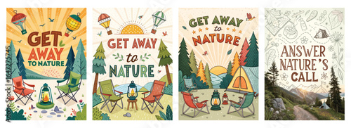 Four colorful vintage-style posters promoting camping and nature escape themes.