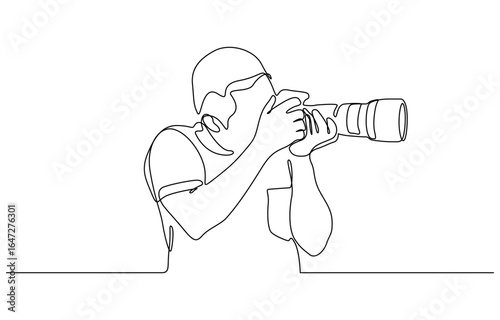 Continuous one line drawing of Photographer holding a camera taking picture vector illustration. Editable outline