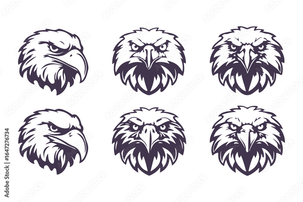 Obraz premium Set of eagle head icons. Aggressive hawk mascot logo collection. Graphic symbol of power and strength for sports, gaming, and tattoo design. Vector illustration.