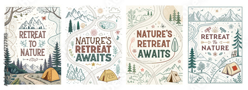 A collection of four illustrated designs promoting nature retreats with vintage camping aesthetics.