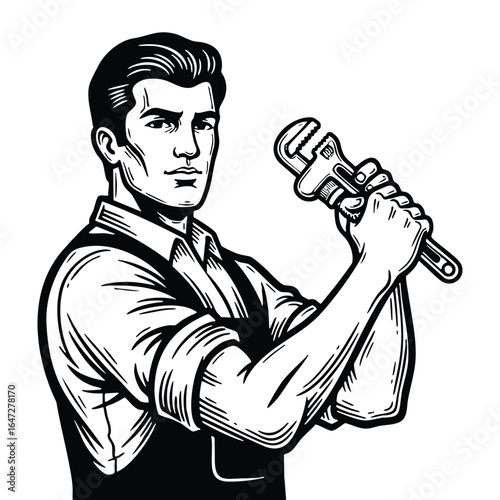 Vintage Plumber Illustration with Wrench Retro Tradesman Artwork Black and White silhouette