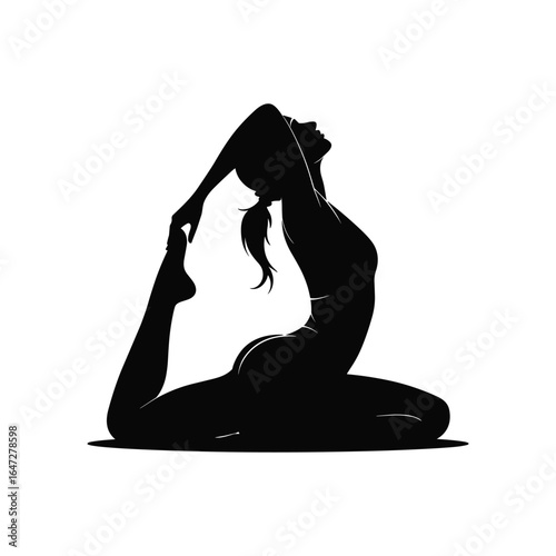 Silhouette of a woman in a graceful yoga pose against a white background