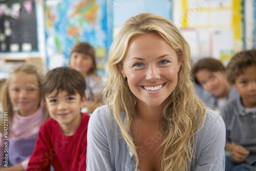 First Grade Classroom. Young blonde-haired Teacher Leading Children in Classroom